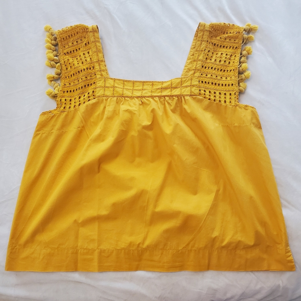 J. crew yellow top with pompom sleeve detail